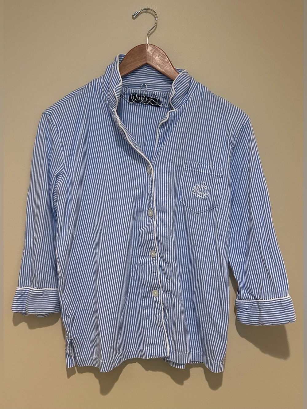 Lauren Ralph Lauren Blue and White Striped Pajama Top 100% Cotton Size M